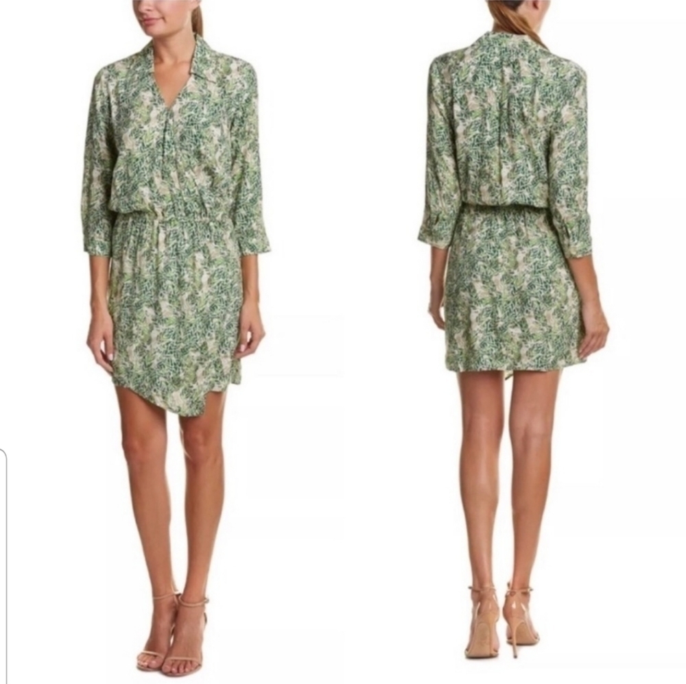 Cabi Green Leaf Print Faux Wrap Dress 3/4 Sleeves Size XS